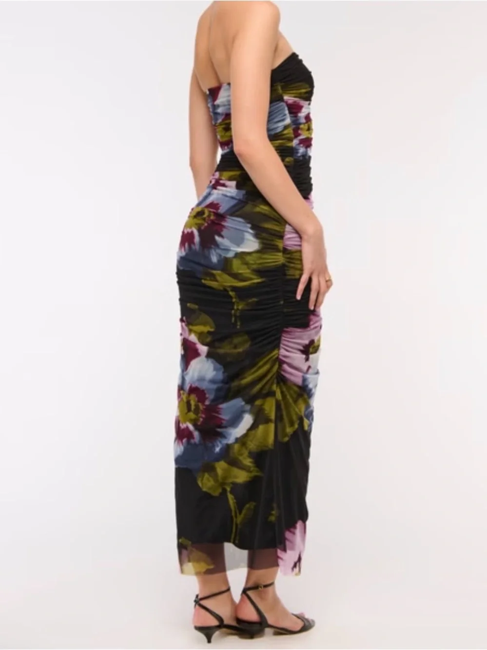 Abercrombie & Fitch Black Strapless Floral Maxi Dress with Side Slit